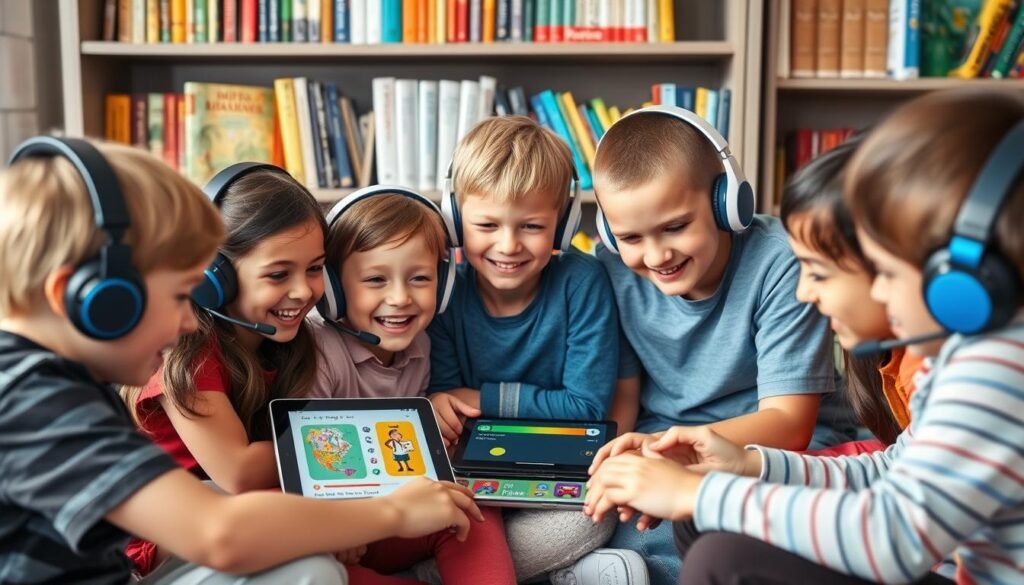 crianças aprendendo idioma em aplicativo